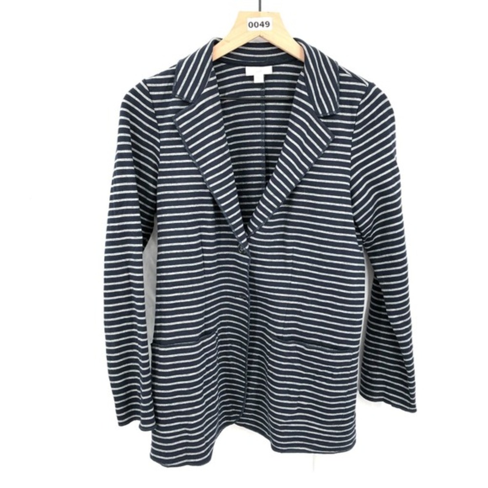 J. JILL Cotton Jersey‎ jacket Button-Front Blazer Navy gray Stripe nautical S